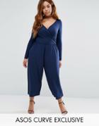 Asos Curve Wrap Long Sleeve Jumpsuit In Crop Wide Leg - Navy