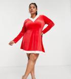 Threadbare Plus Santa Christmas Velour Hooded Mini Dress With Faux Fur Trim-red