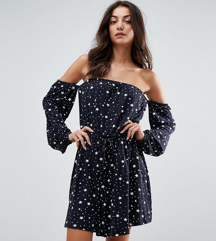Asos Tall Star Print Long Sleeve Bardot Dress - Black