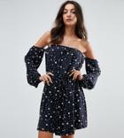 Asos Tall Star Print Long Sleeve Bardot Dress - Black