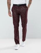 Asos Skinny Tuxedo Suit Pants In Burgundy Velvet Paisley - Red