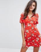 Fashion Union Tea Dress In Floral Print - Red