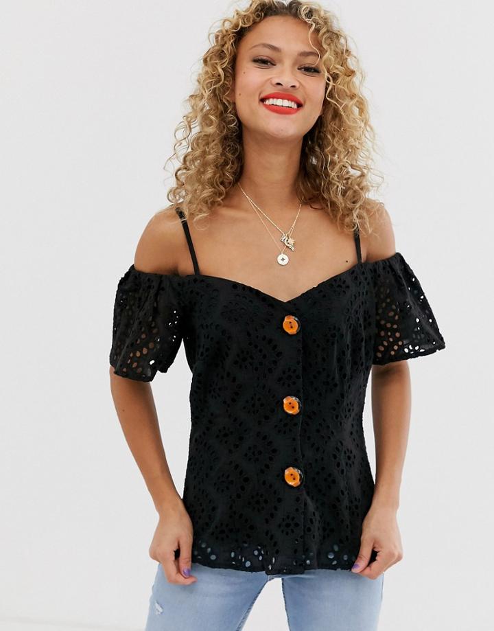Asos Design Contrast Broderie Off Shoulder Top With Button Through-multi