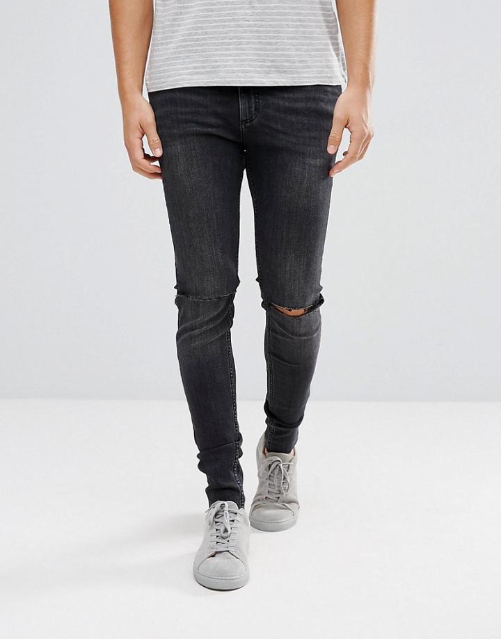 Cheap Monday Him Spray Super Skinny Jeans Used Black With Knee Rip - Black