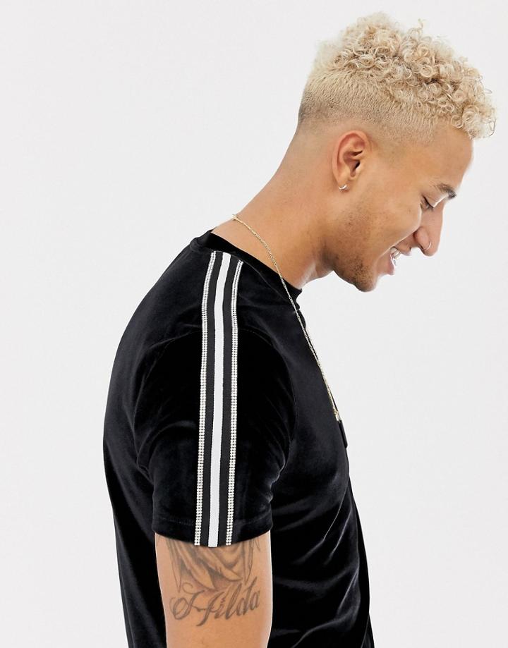 Asos Design T-shirt In Velour With Embellished Gem Shoulder Taping - Black