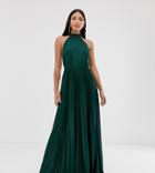 Asos Design Tall Halter Pleated Waisted Maxi Dress-green