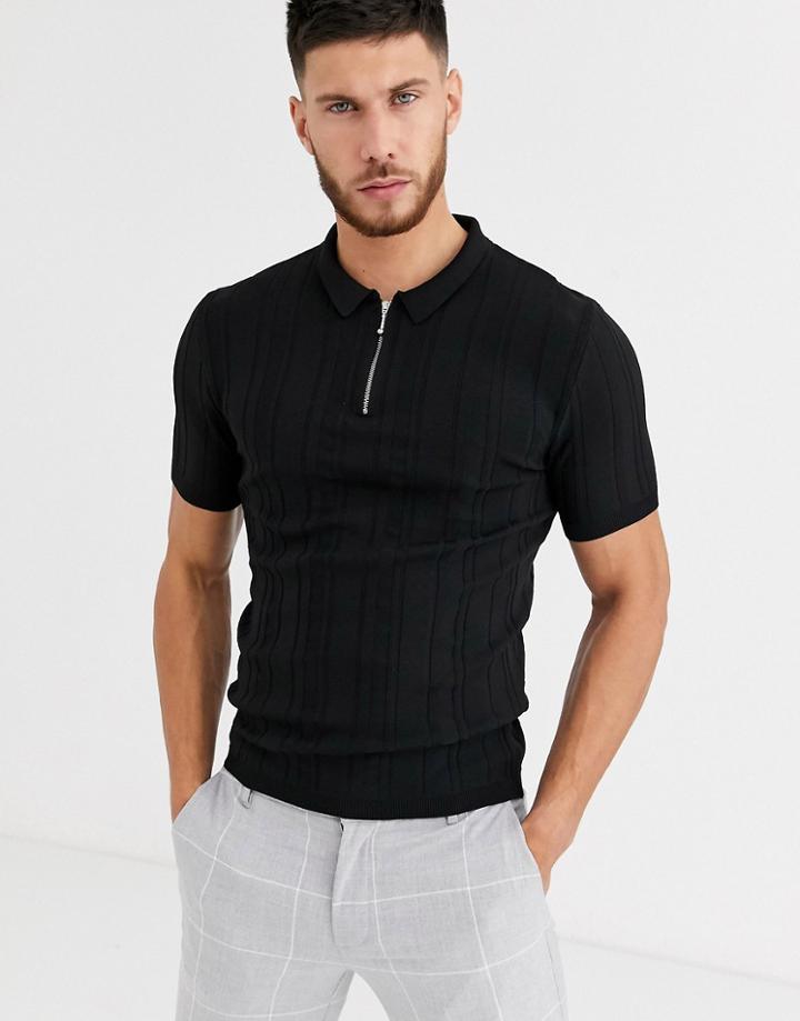 River Island Knitted Half Zip Polo In Black