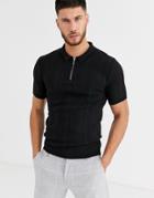 River Island Knitted Half Zip Polo In Black
