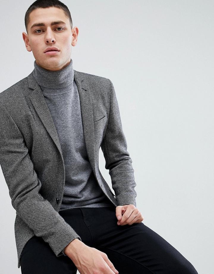 Asos Super Skinny Texture Blazer In Dark Gray Wool Mix - Black