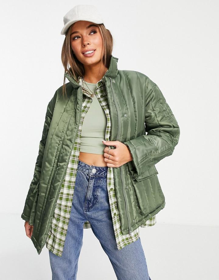 Asos Design Nylon Linear Quilted Jacket In Dark Khaki-green