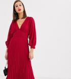 Asos Design Tall Pleated Batwing Midi Dress In Chevron Dobby-red