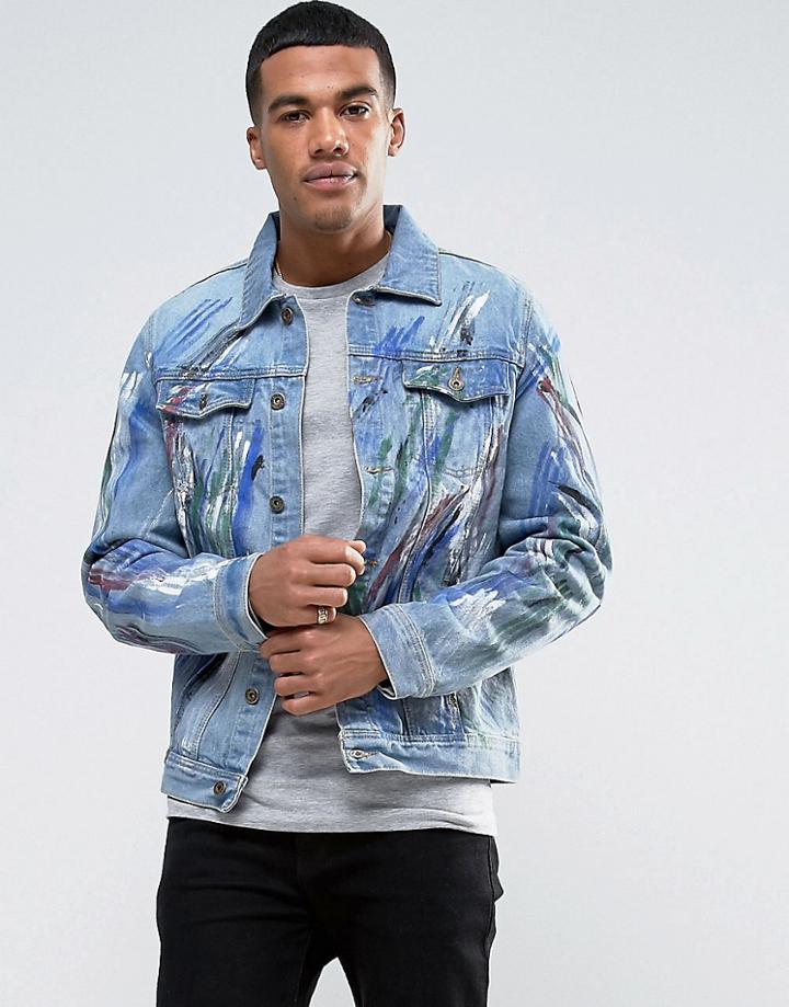 Liquor & Poker Slim Fit Denim Jacket Paint Splatter - Blue