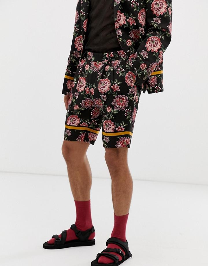 Asos Design Slim Suit Shorts In Floral Embroidery With Taping-black