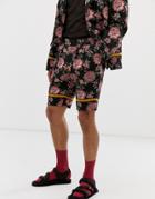 Asos Design Slim Suit Shorts In Floral Embroidery With Taping-black