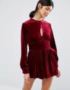 Love & Other Things Velvet Long Sleeve Romper With Keyhole - Red