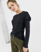 Brave Soul Lydia Long Sleeve Top With Frill Detail - Black