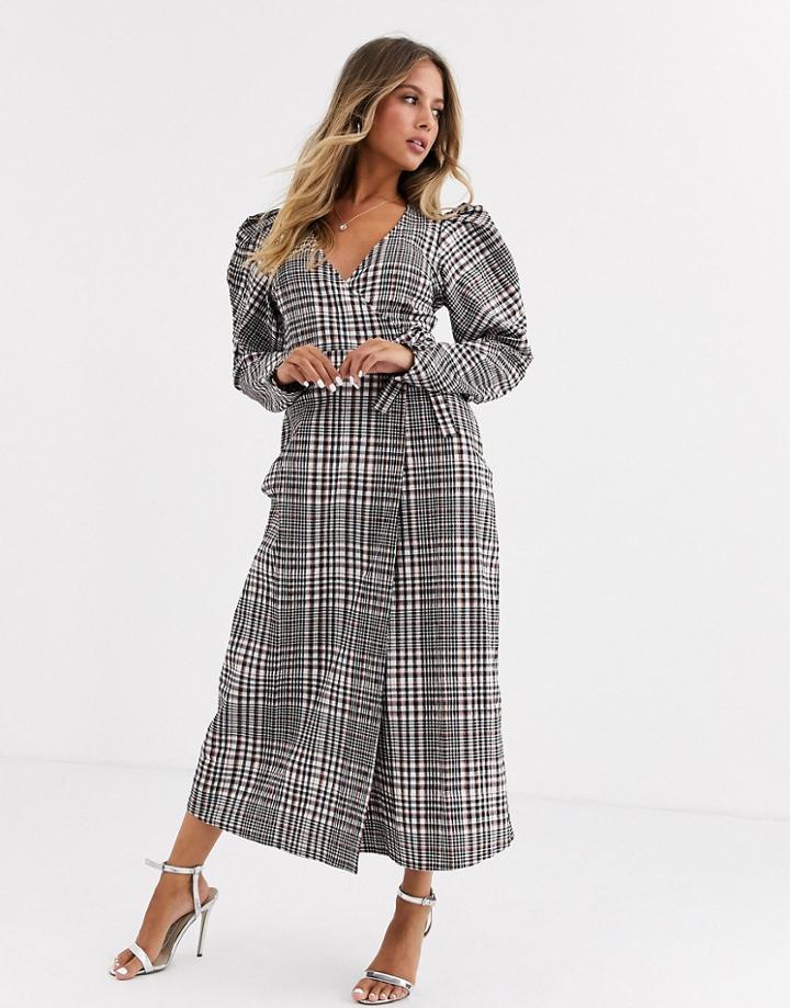 Asos Design Wrap Maxi Dress With Puff Sleeves In Check-multi