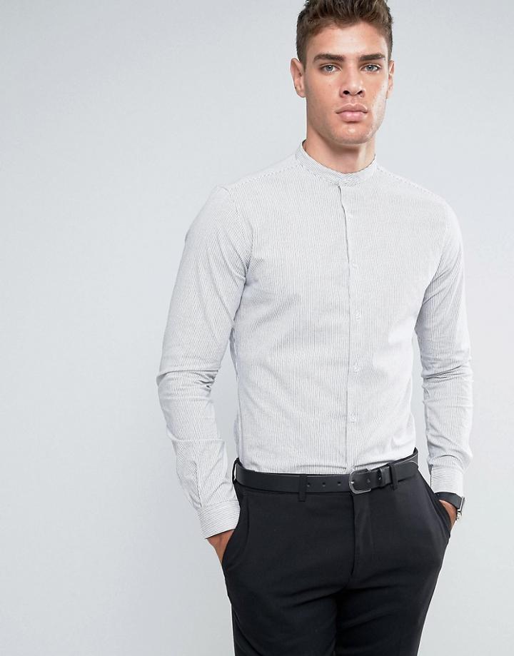 Asos Skinny Stripe Shirt With Grandad Collar In Black - White