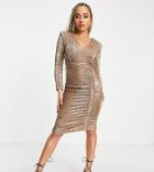 Lavish Alice Long Sleeve Sequin Midi Dress In Gold - Exclusive To Asos