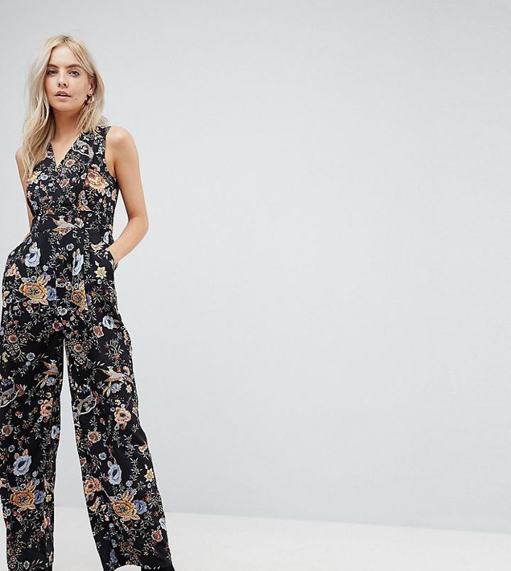 Yumi Petite Jumpsuit In Peacock Floral Print - Black