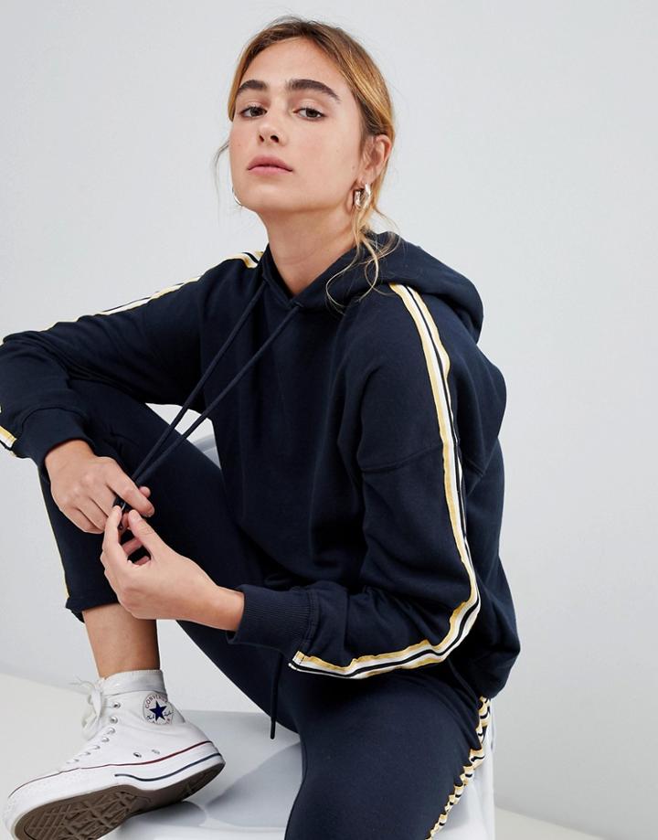 Pull & Bear Stripe Detail Hoodie - Navy