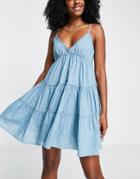 River Island Frilled Mini Beach Dress In Light Blue