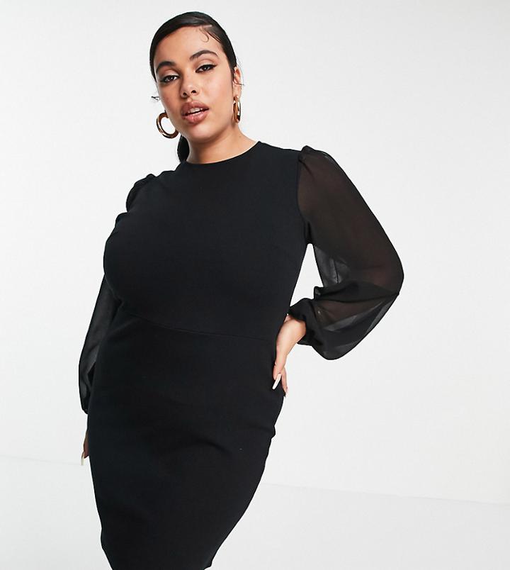 Asos Design Curve Mini Dress With Sheer Long Sleeves In Black
