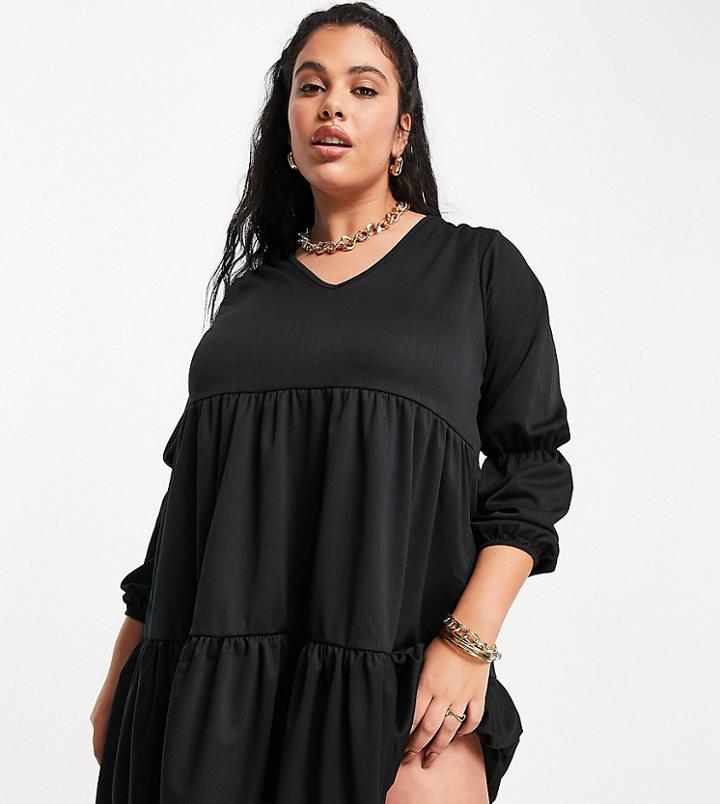 Yours Tiered Midi Dress With Puff Sleeves In Black