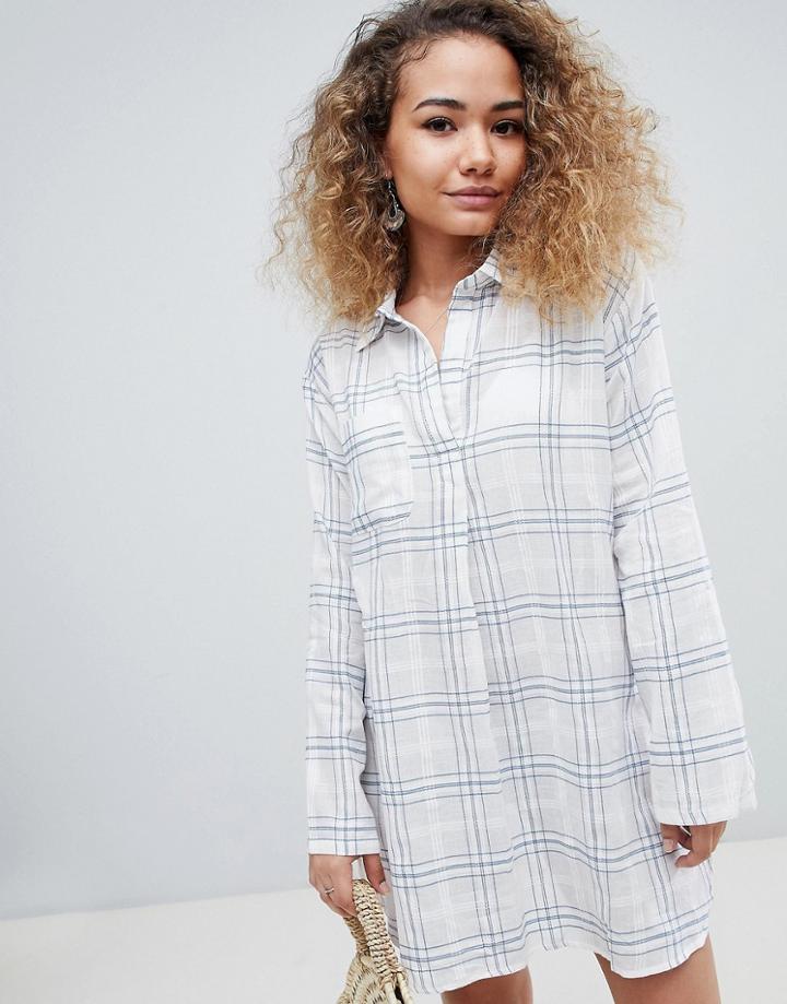 En Creme Long Sleeved Check Print Shirt Dress - White