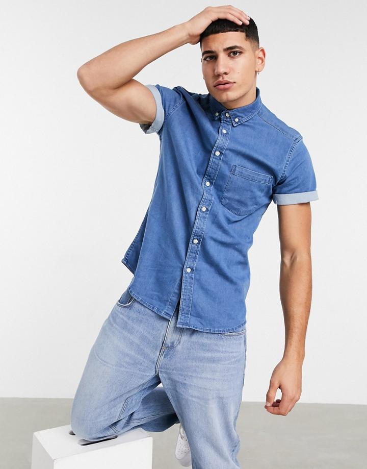 Asos Design Stretch Slim Organic Denim Shirt In Light Wash-blues