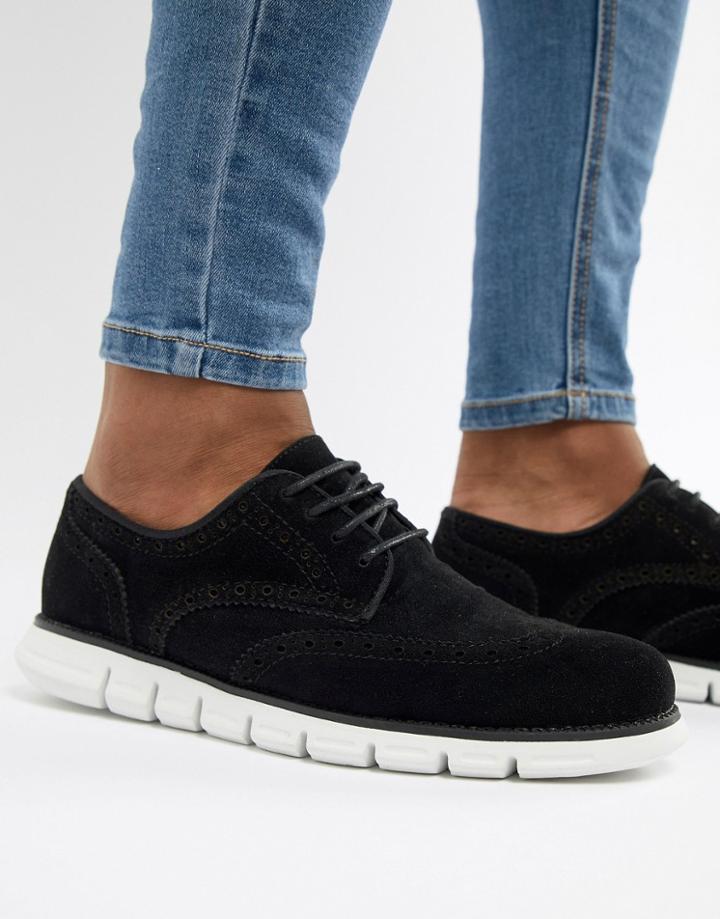 Asos Design Brogue Shoes In Black Faux Suede With Hybrid Sole - Black
