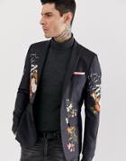 Devils Advocate Skinny Floral Sateen Blazer - Black