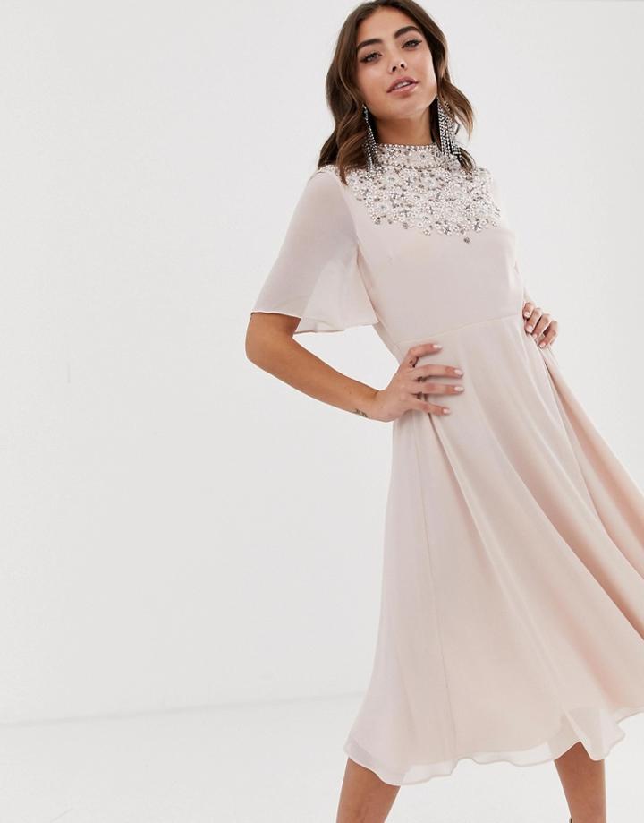 Asos Design Midi Dress With Flutter Cape And Pretty Pearl Embellishment-pink