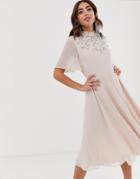 Asos Design Midi Dress With Flutter Cape And Pretty Pearl Embellishment-pink