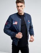 Pull & Bear Bomber Jacket With Badging Detail In Navy - Blue