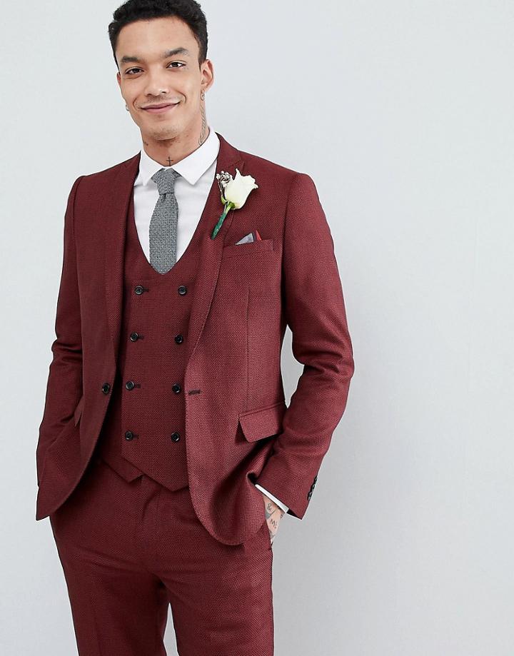 Asos Design Wedding Skinny Suit Jacket In Red Micro Texture - Red