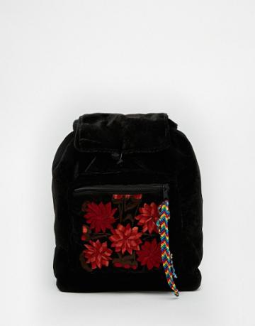 Hiptipico Foo Foo Velvet Backpack With Floral Pocket - Black