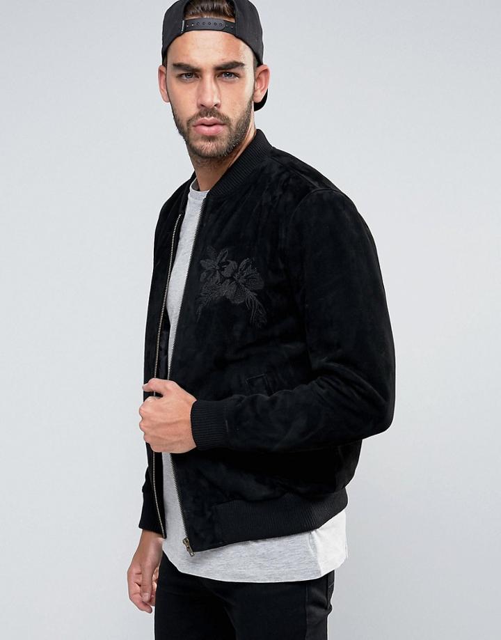Asos Suede Bomber Jacket With Embroidery In Black - Black