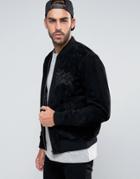 Asos Suede Bomber Jacket With Embroidery In Black - Black