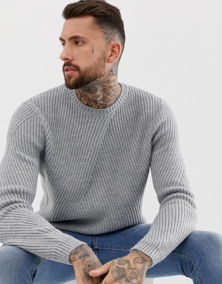 Asos Design Knitted Ribbed Sweater In Gray Twist - Gray