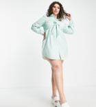 Influence Plus Tie Front Shirt Dress In Sage Green Stripe