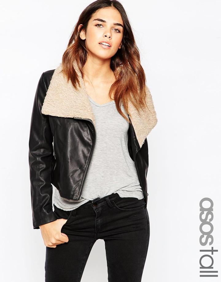 Asos Tall Biker Jacket With Borg Waterfall - Black