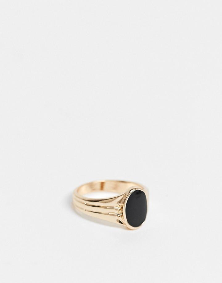 Asos Design Ring With Black Enamel Detail In Gold Tone