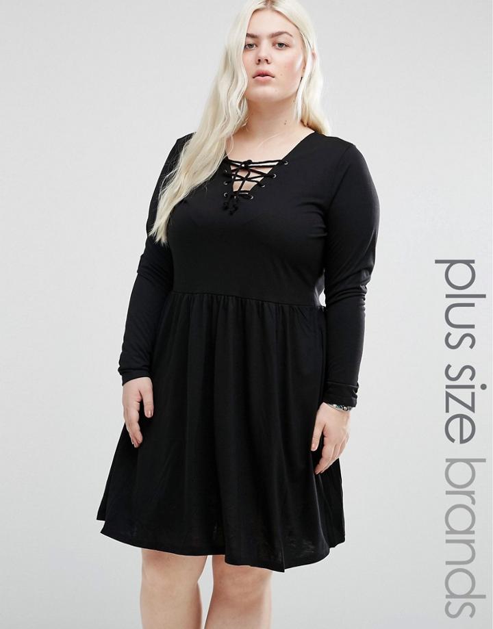 Brave Soul Plus Jersey Skater Dress With Lace Up Front - Black