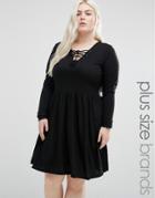 Brave Soul Plus Jersey Skater Dress With Lace Up Front - Black