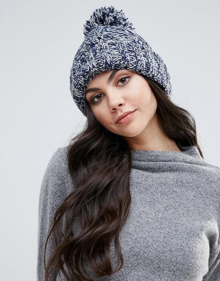 Alice Hannah Marl Chunky Knit Cable Beanie Hat - Navy