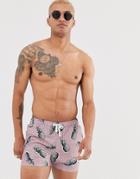 Bershka Swim Shorts With Pineapple Print In Pink - Pink