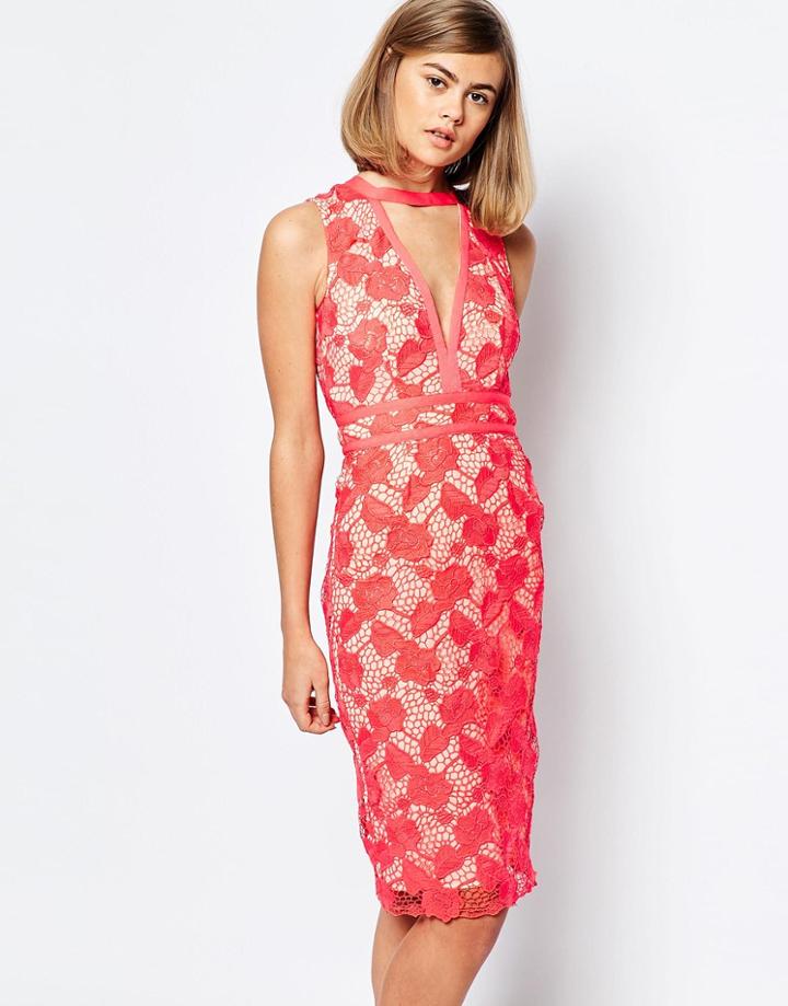 Lost Ink Plunge Neck Lace Midi Dress - Red