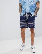 Asos Design Festival Slim Shorts In Navy Geo-tribal Jacquard With Elasticated Waist - Navy