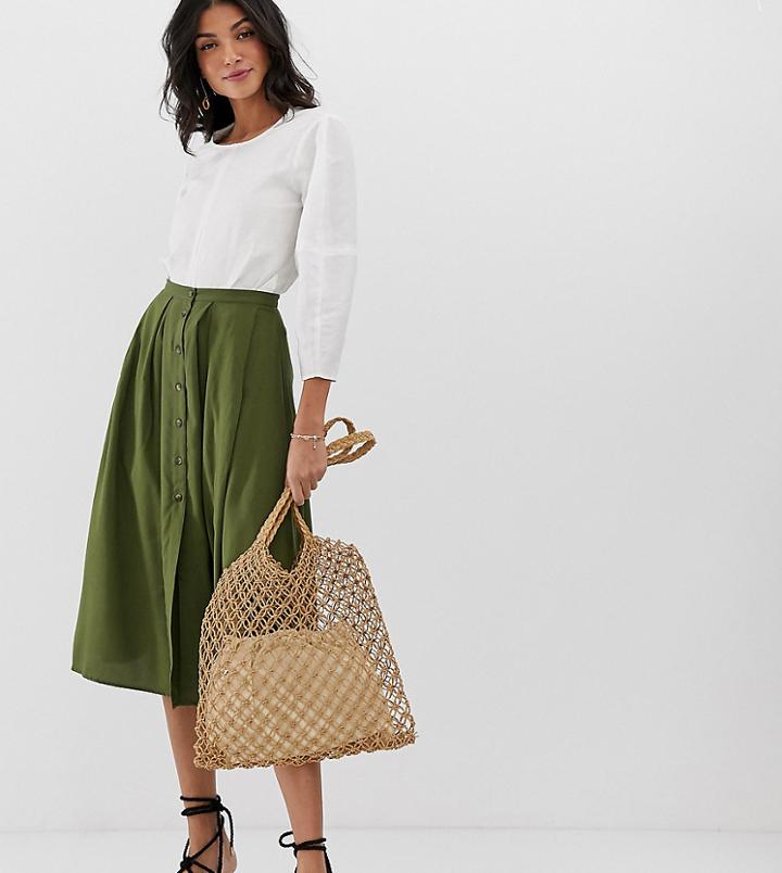 Asos Design Tall Button Front Floaty Midi Skirt - Green